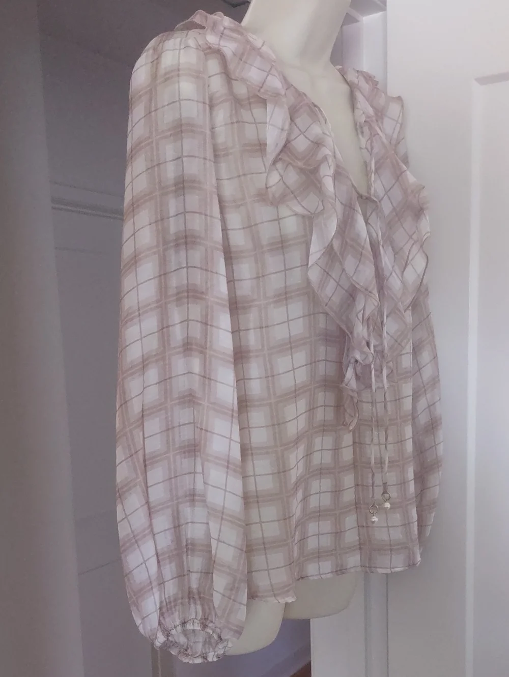 Zara Plaid Ruffled Blouse With Front Tie Detail Size MEDIUM